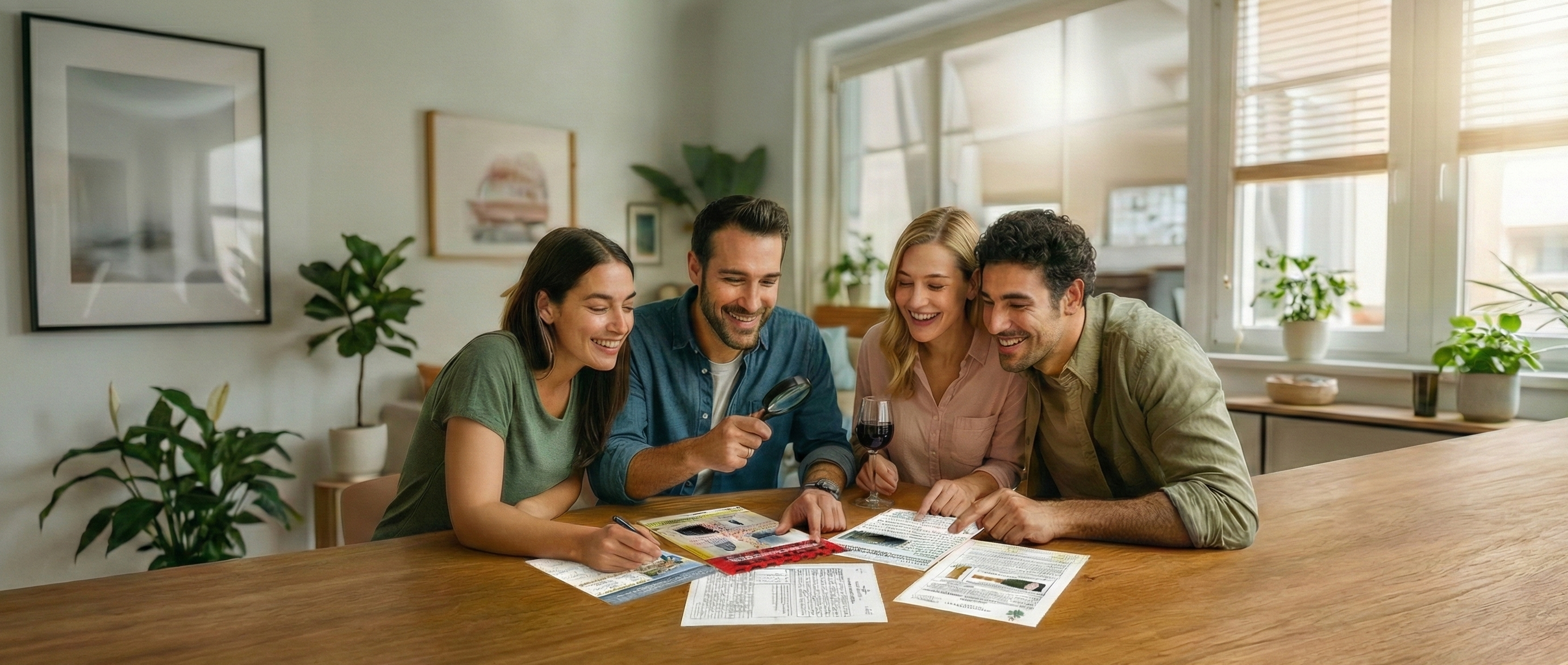 Four friends doing a Trench & Trilby Murder Mystery Case File